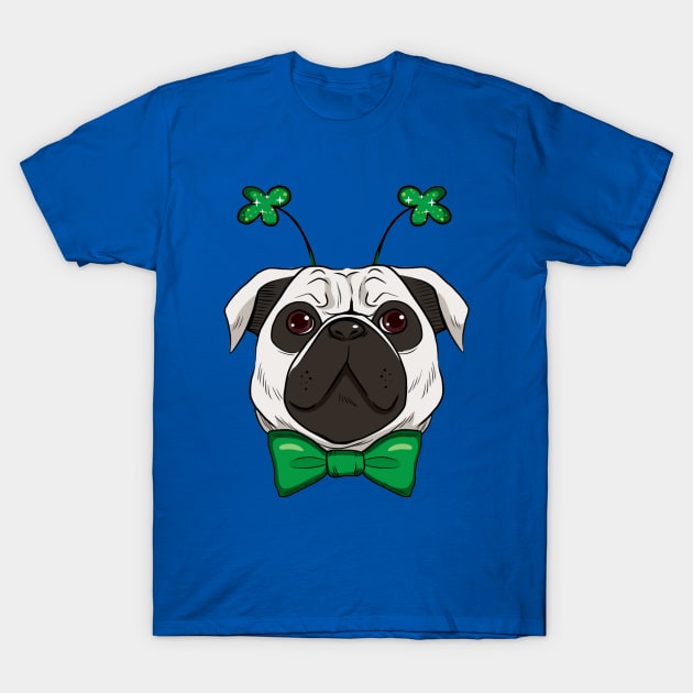 Cute St. Patrick pug dog with green bow tie and fashionable green sparkling clover accessory T-Shirt by amramna